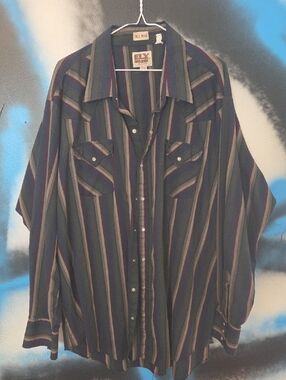 Ely Cattleman Navy Plaid Snap Button Shirt with Olive and Burgundy Stripes.3XL